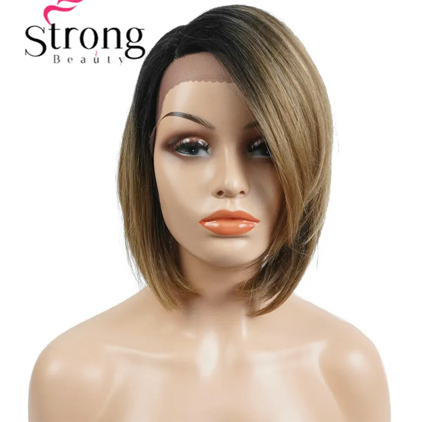 StrongBeauty боб парик на кружеве с L часть парик на шнурке Омбре блонд черный корень ручная вязка невидимые Синтетические прямые парики