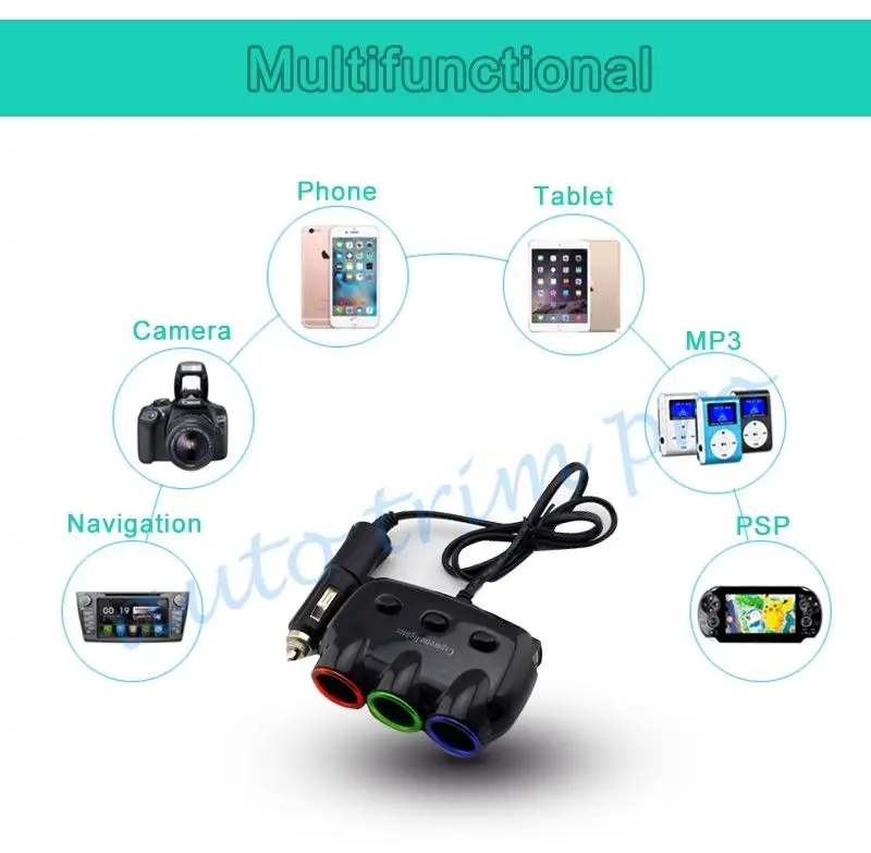 Универсальный прикуриватель с 3 розетками + 2 USB порта|socket cigarette lighter|3 sockets cigarette3 |