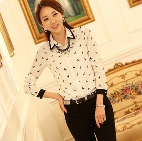 Корейский Верховая Отпечатано С Длинным Рукавом Элегантных Женщин Шифон