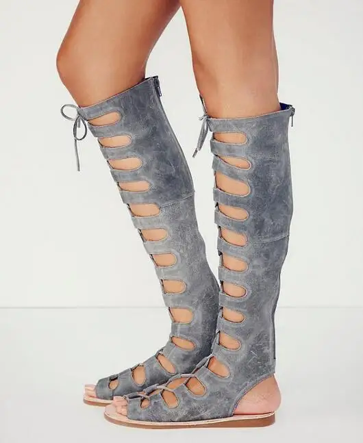 Sexy Summer Suede Leather Over The Knee Sandal Boot Peep Toe Cut-out Flat Strappy Sandals Big Size 11 Gladiator Sandals Boots