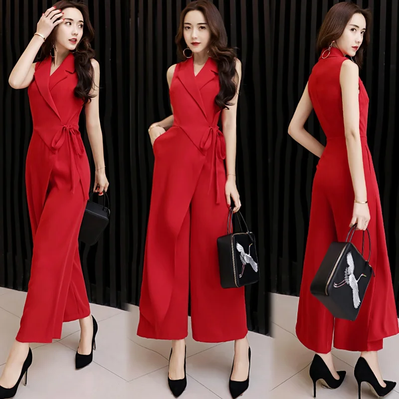

Female Jumpsuit Bodysuit Women 2019 New Summer Lapel Sleeveless Ol Business Yellow Elegant Jumpsuits For Women 2019 DD2068