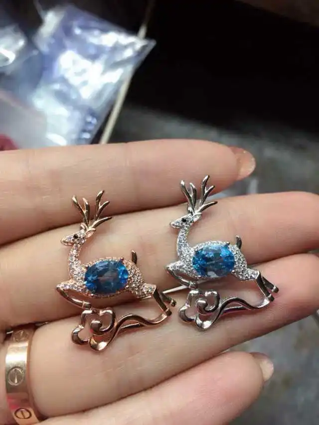 

natural red garnet Elegant lovely Fawn Pendant natural blue topaz pendant 925 sterling silver Women girl gift precious jewelery