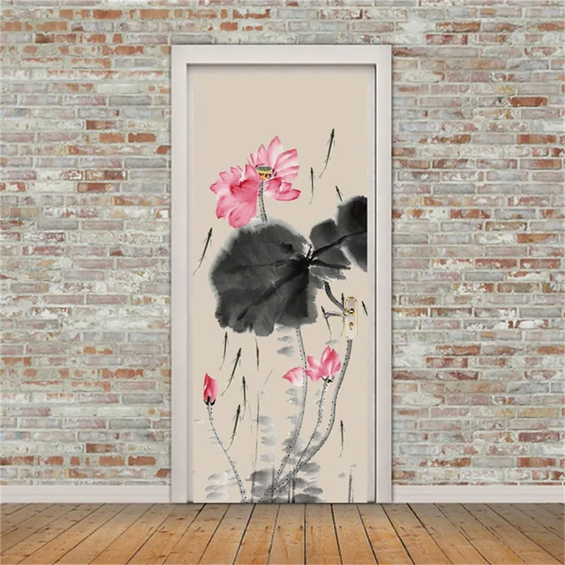 Door Stickers50 3D двери наклейки творческий наклейки на стену лотоса узор двери украшения спальня гостиная фрески плакаты обои - Цвет: Door Stickers50