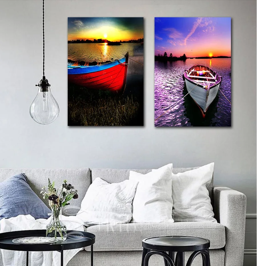ALMUDENA красивая лодка рисунок озера закат пейзаж Картина в рамке настенный