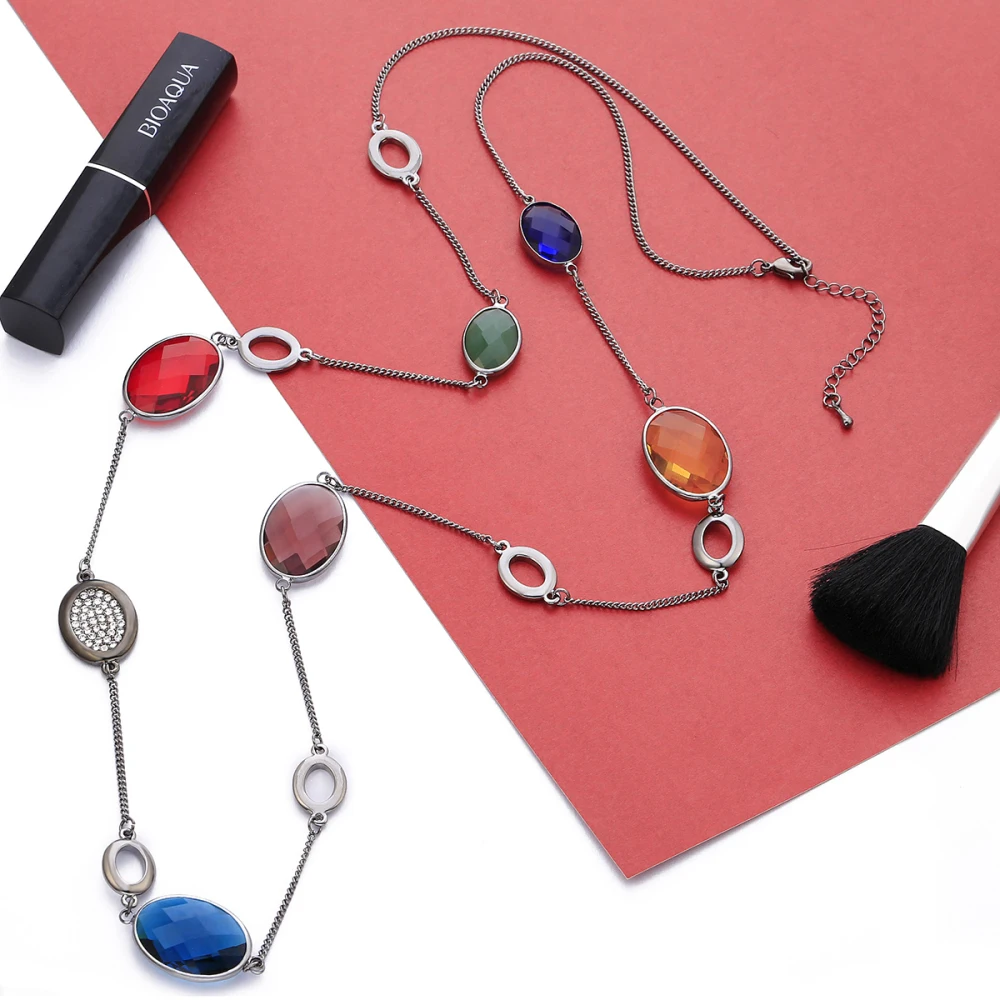 Женское Ожерелье с кристаллом разноцветная Золотая цепь роскошное длинное