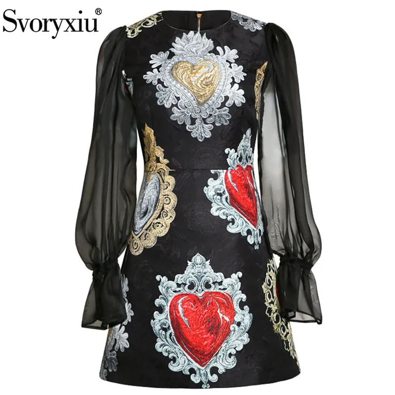 Svoriu Runway Custom Autumn Mini Dress Women's Perspective Lantern Sleeve Patchwork Heart Shaped Printed Elegant Party | Женская