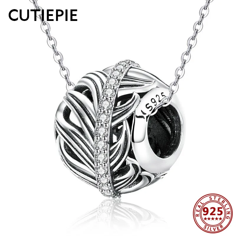CUTIEPIE Модные 100% Настоящее серебро 925 перо Сердце ожерелья с подвесками бусинами