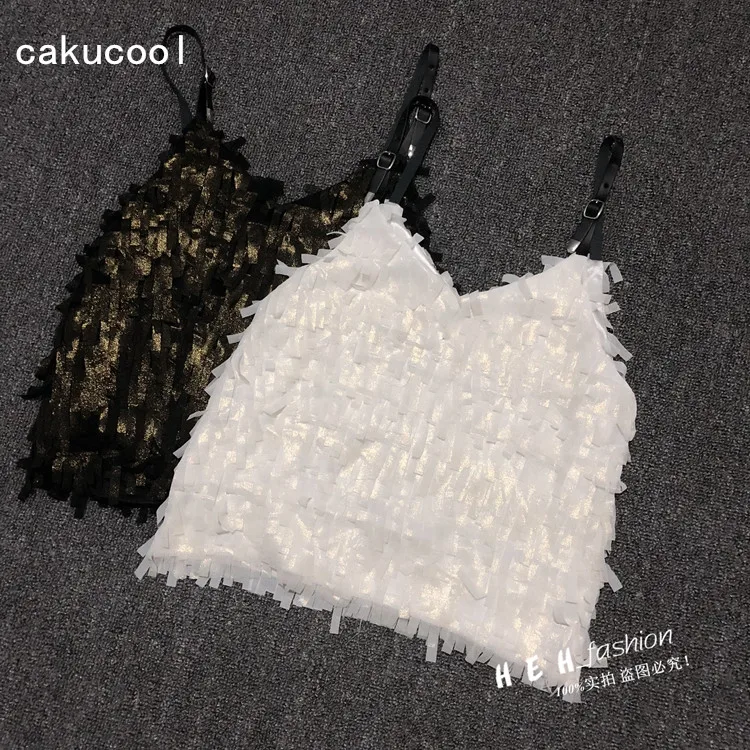 Женский блестящий топ без рукавов Cakucool летний с золотыми кисточками украшенный