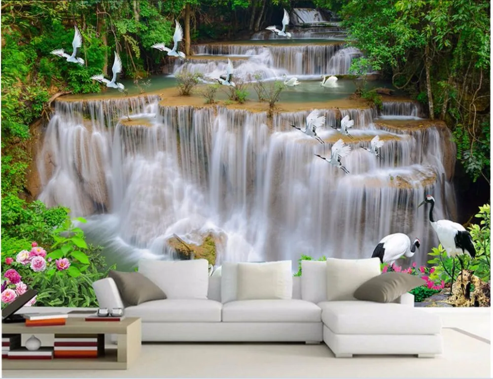 Фотообои на заказ 3d обои водопад река лес Белый журавль фон для телевизора