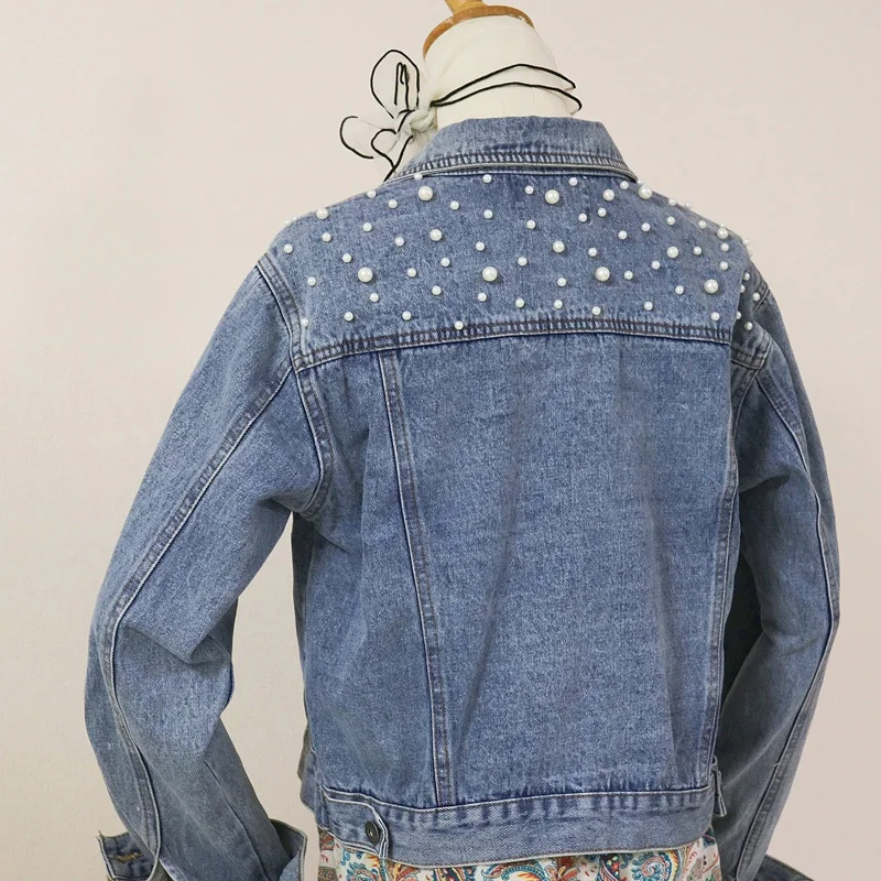Streetwear Pearls Short Denim Jacket Single Breasted Black Jean Jackets Full Sleeve Basic Coat Women Casual Loose Outerwear 2018 | Женская