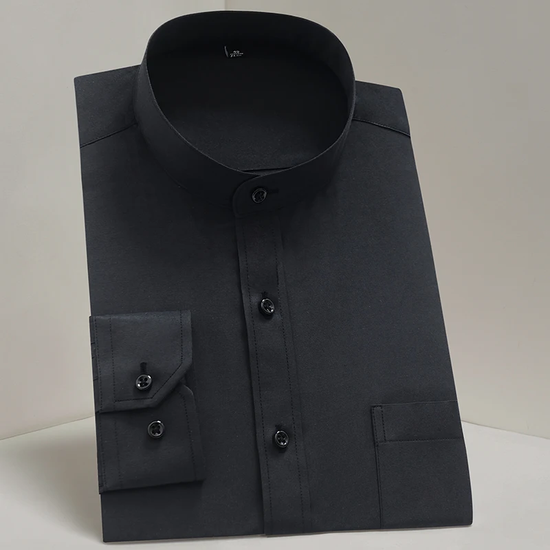 Mandarin Bussiness Formal Shirts for Men Chinease Stand Collar Solid Plain White Dress Shirt Regular Fit Long Sleeve Male Tops