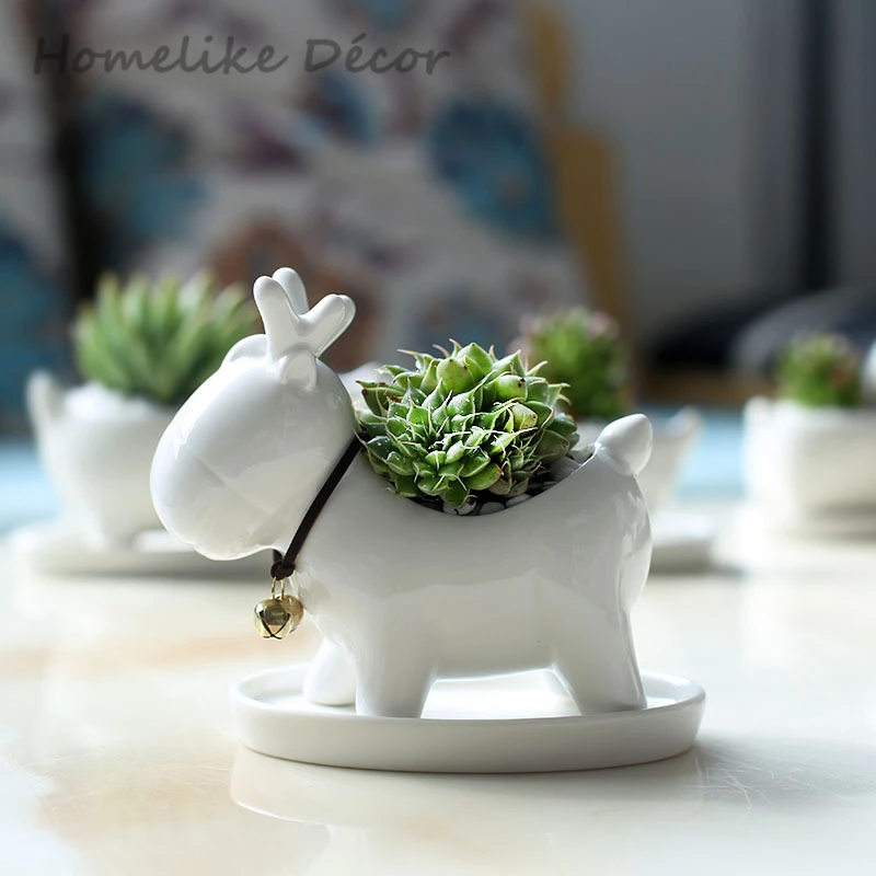

1 Reindeer shaped ceramic flowerpot Mini porcelain flower pot with tray Animal plant pot for Desktop, Home Garden decoration
