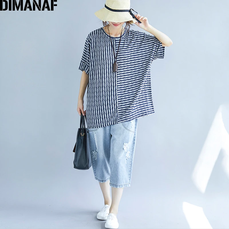 DIMANAF Women T-Shirt Cotton Summer Plus Size Basic Tops Tees Thin Print Striped Blue Female Casual Loose tshirts Batwing Sleeve | Женская