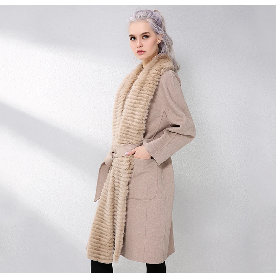 JEPLUDA New Cashmere Coat Women Genuine Rex Rabbit Fur Lapel Collar Wool Coat long Real Fur Coat Genuine Leather Jacket Women