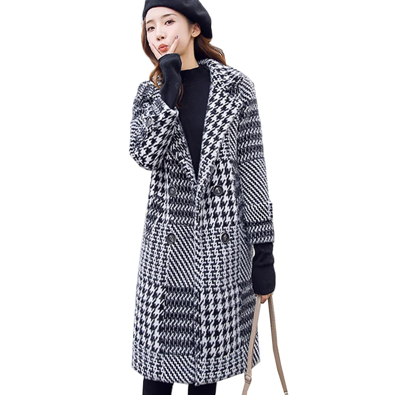 Женское шерстяное пальто в клетку средней длины базовое Осень зима 2019|Женские