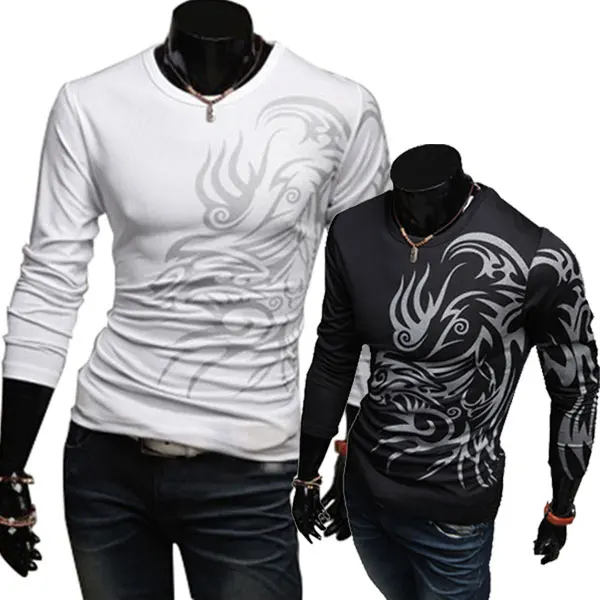 Мужская футболка с длинным рукавом круглым вырезом и принтом дракона|long sleeve