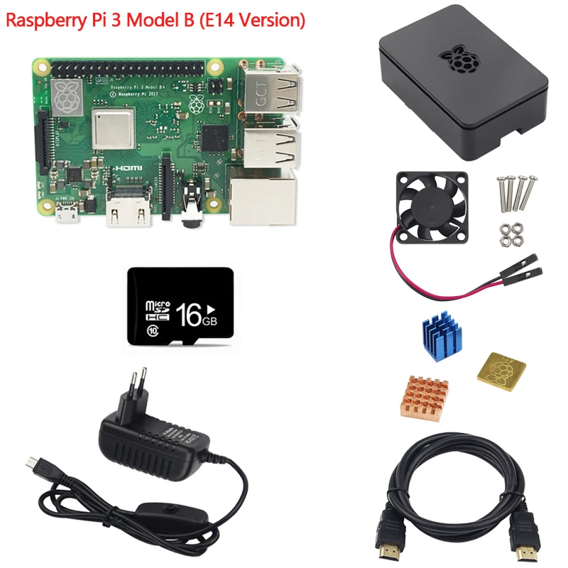 

7pcs Kit Combo Raspberry Pi 3 Model B+/3B Motherboard,16GB MicroSD Card &5V 2.5A Adapter, Heatsinks, Black Case & HDMI Cable