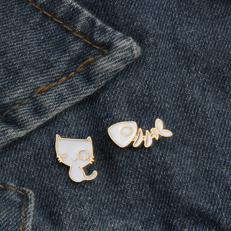 Популярная мультяшная Милая брошь булавка для кошки рыбки кости животного