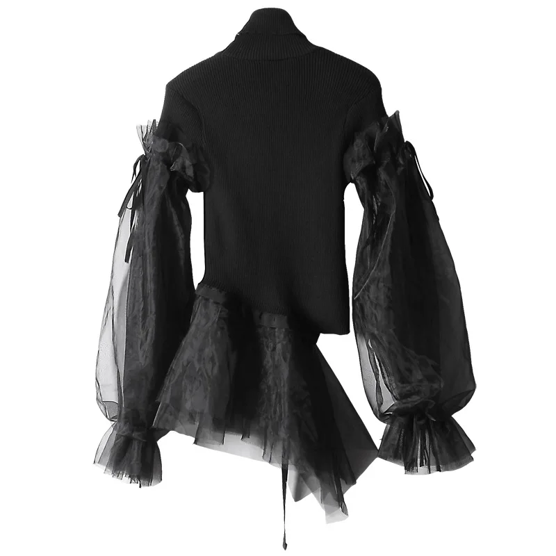 Blusas De Inverno Feminina Real 2019 New Stand Collar Knit Paneling Organza Perspective Hem Ruffle Women Sweater S/m | Женская одежда