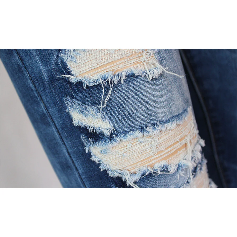 Ladies hole high elastic denim trousers vintage worn old Denim Skinny Pants High Waist Stretch Jeans Full Length 5.30 | Женская одежда