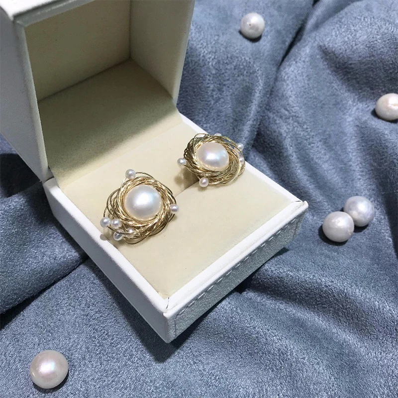 ANI 14K рулонные Золотые женские серьги гвоздики с пресноводным белым жемчугом