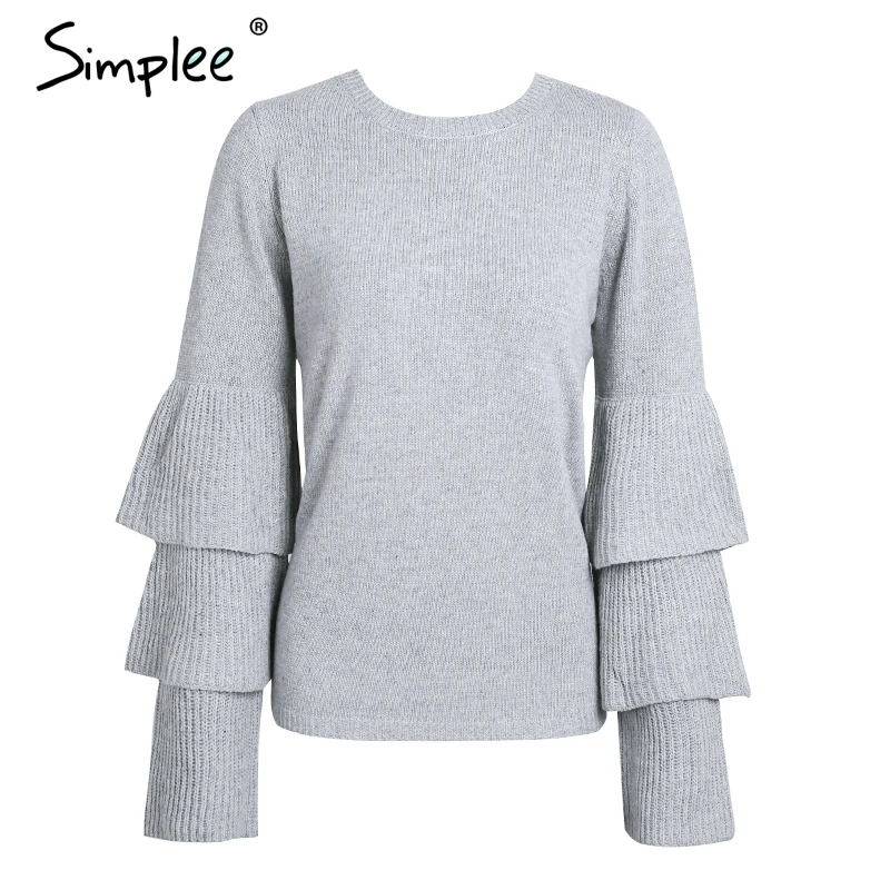 Simplee Вязание оборками зимний свитер для женщин Свободные flare рукавом пуловер