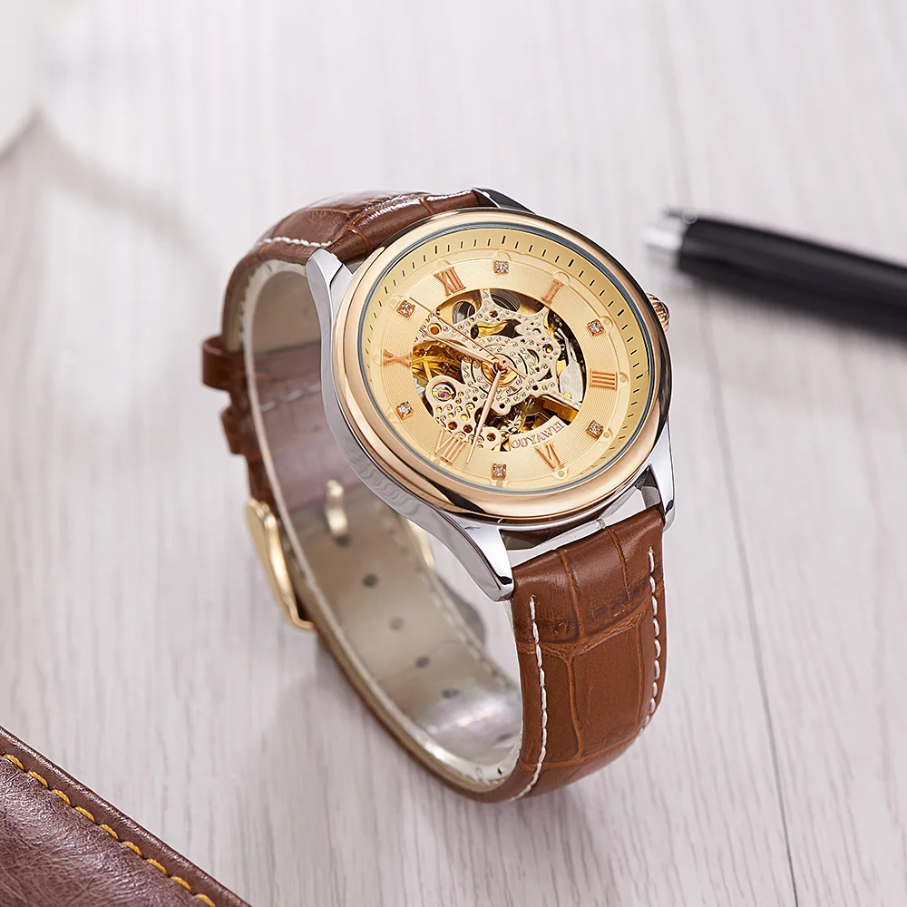 Мужские механические наручные часы скелетоны с автоподзаводом золотые кожаным