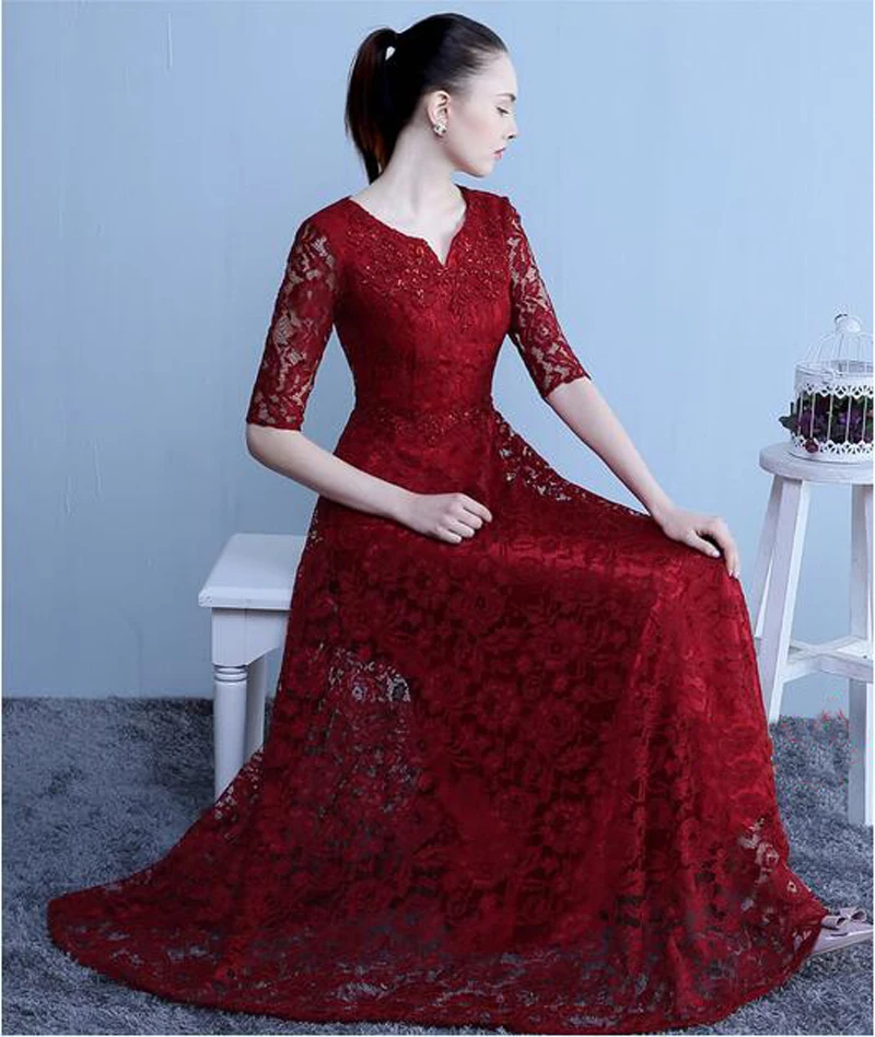 Burgundy Lace Formal Evening Dresses for Wedding Zipper Good Quality Prom Party Gowns Vestido De Noche Custom Made Half Sleeve |