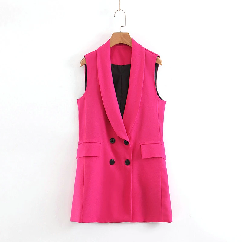hotpink Tangada woman pockets hotpink long vest coat office ladies waistcoat sleeveless blazer double breasted outwear elegant top SL409 - Цвет: hotpink