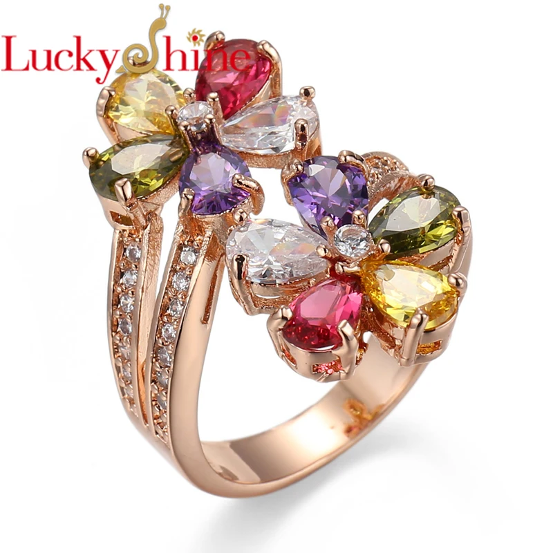 

LuckyShine women fashion jewelry Multi-color Lovely Zircon Rhinestone Rose Gold Wedding Party Rings 7.8.9.10#