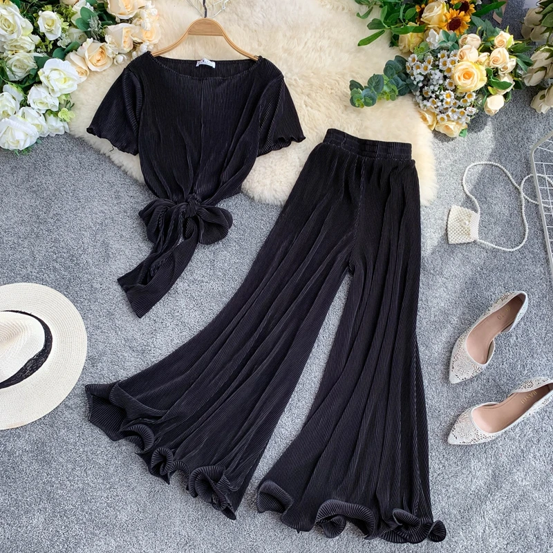 Женский комплект из 2 предметов ALPHALMODA блузка с бантом + расклешенные брюки