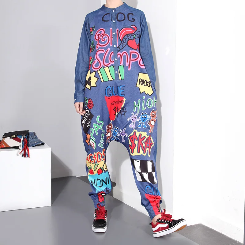 2017 осень-зима Для женщин комбинезон Комбинезоны для малышек граффити хип-хоп с