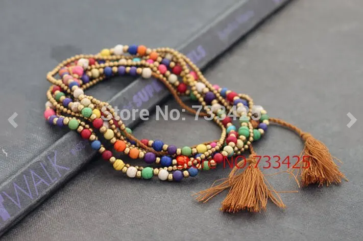 Candy Stone Tassel Long pendant Necklace women handmade woven with cotton cord coloured turquoies and slide closure | Украшения и