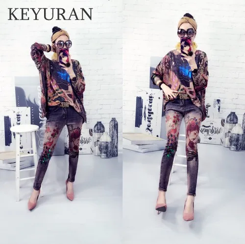 Джинсы женские Стрейчевые с 3D принтом узкие брюки скинни павлина и цветов