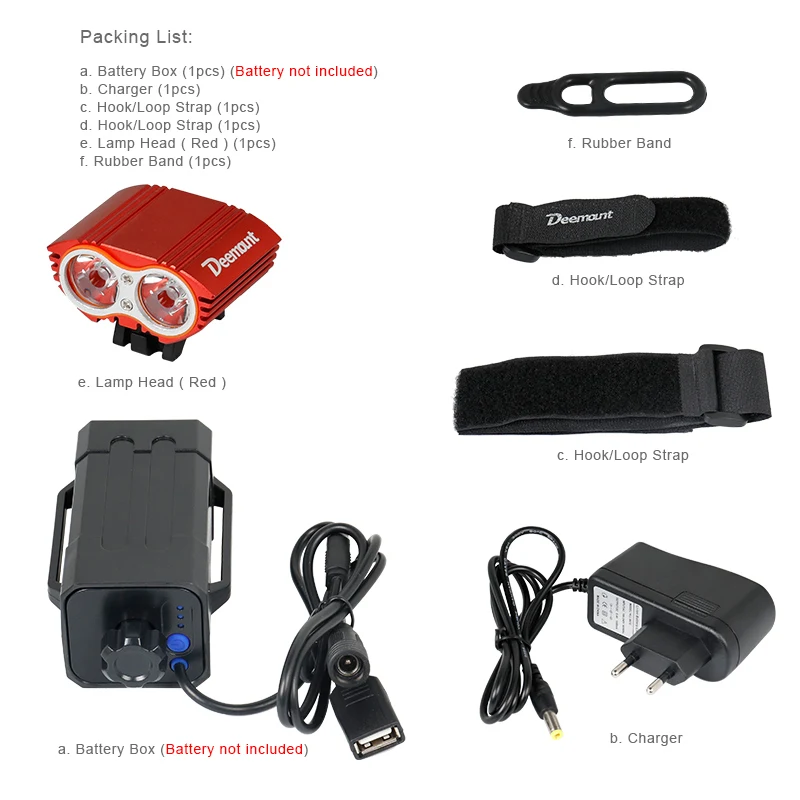 Red Kit Deemount Велосипедное переднее освещение 8,4 в фара 2LED 350 люмен опционально#18650 Батарейный блок 8,4/5,0 в выход 1A зарядное устройство фонарик для велосипеда - Цвет: Red Kit