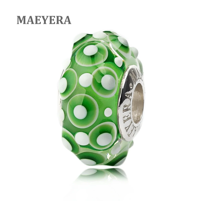 MAEYERA 925 пробы серебряные лампворк бусины в зеленый горошек муранское стекло для