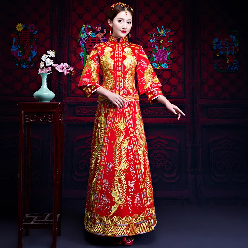 

vintage Chinese style formal dress royal phoenix wedding cheongsam costume red bride traditional Tang suit Embroidery Qipao New