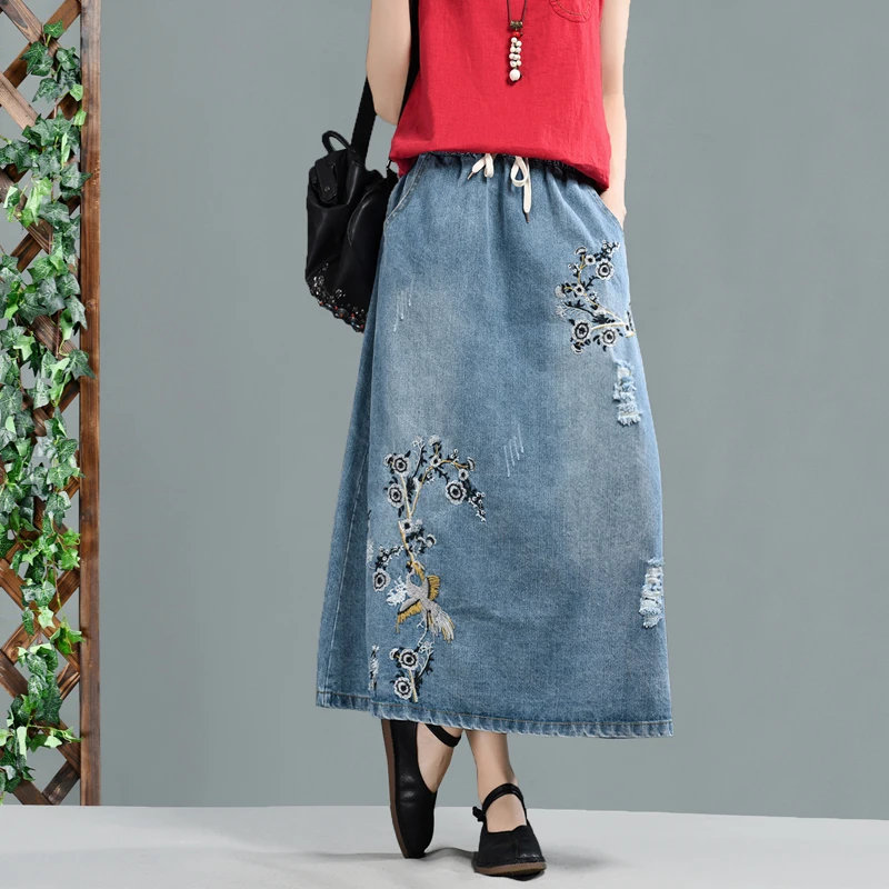 Весенняя юбка модная Свободная Женская длинная джинсовая Новая эластичная талия