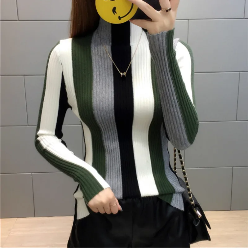 Striped Sweater Contrast Color Women Knit Pullovers 2019 Autumn Long-sleeved Knitwear Ladies Turtleneck Casual Tops W342 | Женская