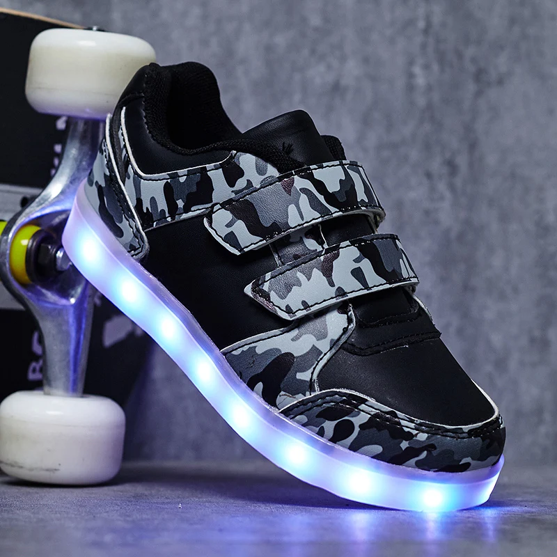 

New Black Bright Solid USB Led Light Up Kid Shoes Breathable Hook &Loop Children Charging Luminous Sneakers For Girl&Boy 25-37