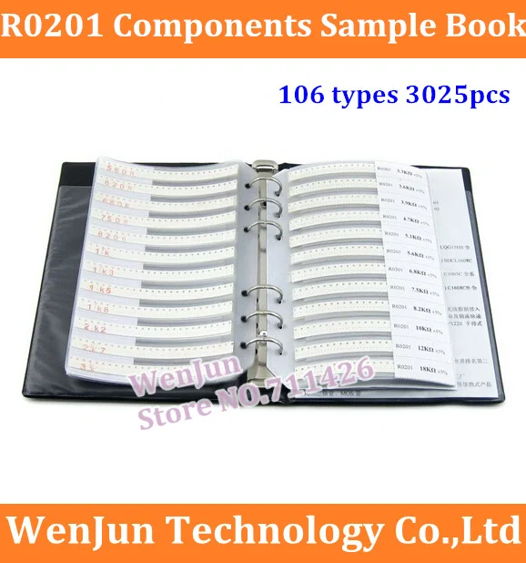Высококачественный резистор R0201 серии 0201 SUPEROHM SMD, 106 типов, 3025 шт., альбом образцов электронных компонентов с допуском 5%