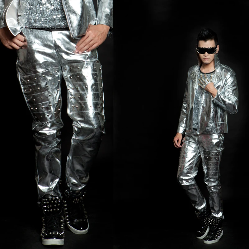 2015 Mens Fashion normic silver rivet pants male singer DJ nightclub show performance bar party slim trousers costume