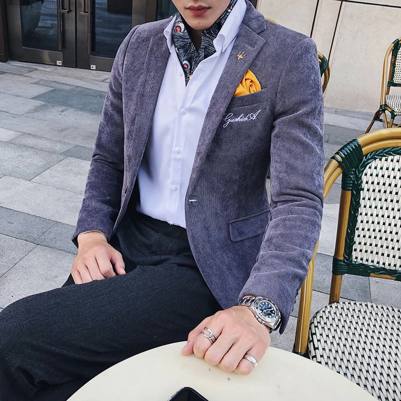 1 Мужской Блейзер, пиджак, золотая вышивка, Terno Masculino, корейский мужской блейзер, вельветовый Блейзер, Мужской приталенный, зеленый, хаки, серый - Цвет: 1