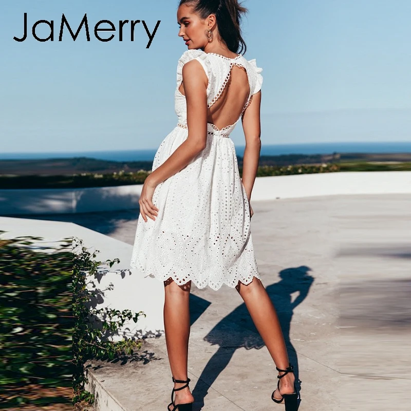 Женское винтажное кружевное платье JaMerry белое ажурное средней длины с открытой