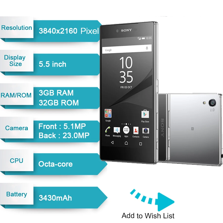 Sony Xperia Z5 Premium E6883, две sim-карты, 3 Гб ОЗУ, 32 Гб ПЗУ, 5,5 дюймов, Android, четыре ядра, ips, 23 МП, разблокированный мобильный телефон GSM LTE