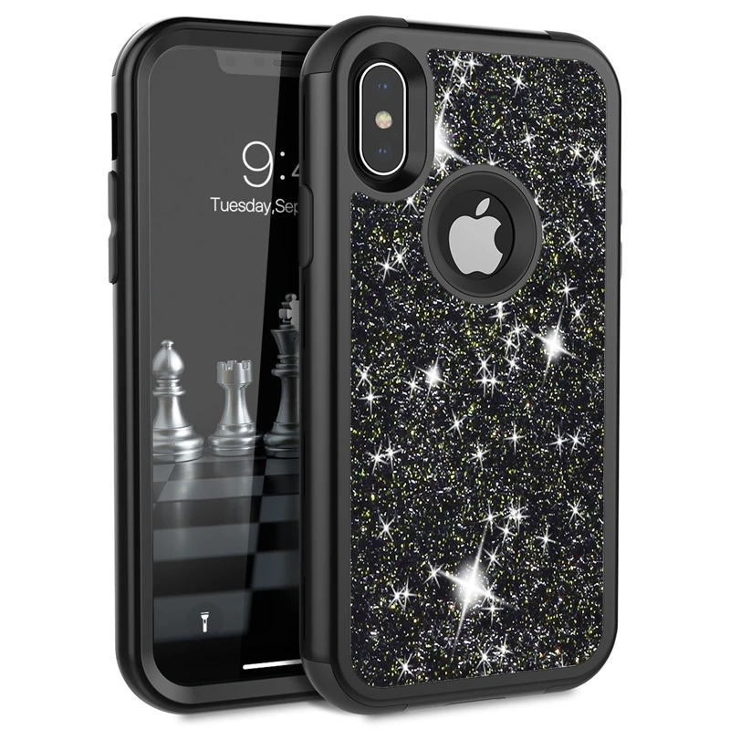 Чехол для iPhone 7, 8 Plus, 6, 6s X, силиконовый чехол для ПК, бампер, розовое золото, роскошный блестящий чехол для телефона для девочек, женщин - Цвет: Черный