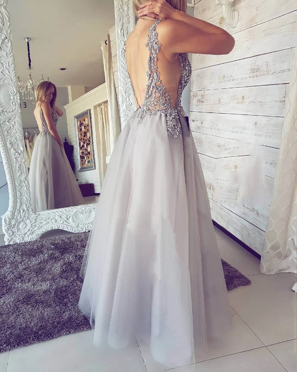 

New Design Sliver Lace Tulle Evening Dress Illusion Backless High Split Sexy Long Prom Gown Custom Made Women Occasion Dresses