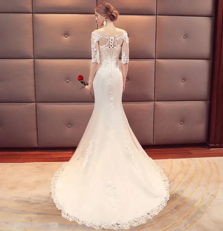 VENSANAC Boat Neck Sequined Sweep Train Mermaid Wedding Dresses 2018 Lace Appliques Illusion Half Sleeve Bridal Gowns | Свадьбы и