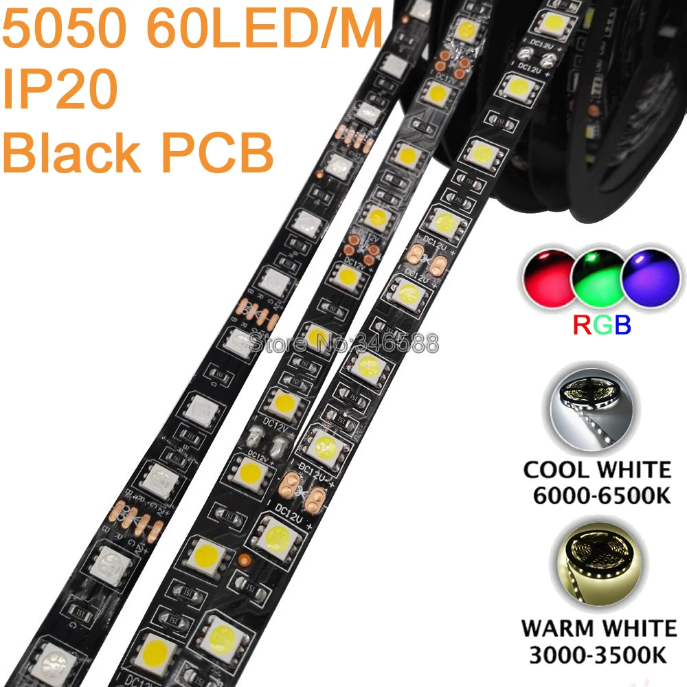 5m DC 12V 10mm Black PCB 5050SMD 60LED/M 300LEDs IP20 IP65 Waterproof Flexible LED Strip Light RGB Multi-Color White Warm White