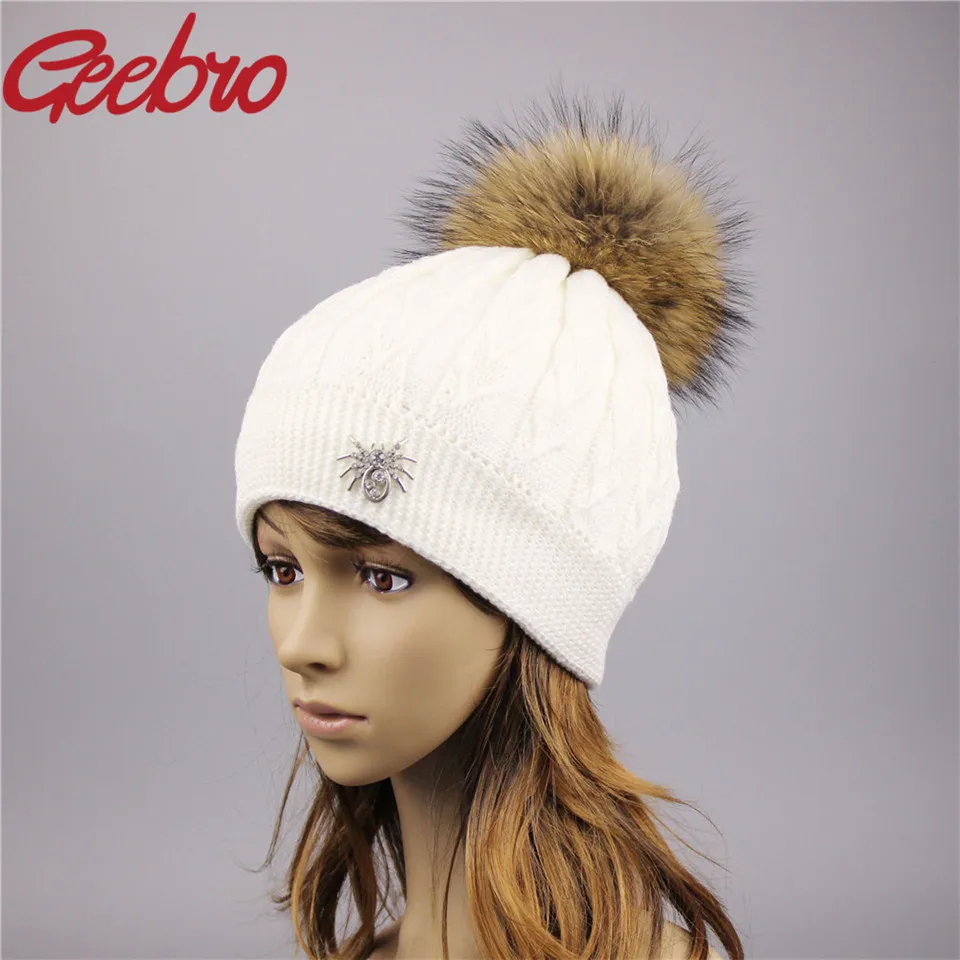 Женские шапки с помпоном Geebro теплые вязаные из меха енота для зимы JS265A |